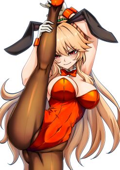 1girl absurdres animal_ear_hairband animal_ears blonde_hair bow bowtie breasts brown_pantyhose fake_animal_ears gloves hairband highres junko_(touhou) kikoka_(mizuumi) large_breasts leotard long_hair looking_at_viewer pantyhose playboy_bunny rabbit_ear_hairband rabbit_ears red_bow red_bowtie red_eyes red_leotard red_shoes shoes smile solo split standing standing_on_one_leg standing_split touhou white_gloves wrist_cuffs