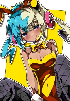 1girl :q alternate_costume animal_ears bare_shoulders black_hair black_mask black_pantyhose blue_eyes blue_hair blush bow bowtie breasts canari_(pokemon) cleavage collarbone commentary_request dark-skinned_female dark_skin detached_collar fake_animal_ears fishnet_pantyhose fishnets gold_leotard highres leotard looking_at_viewer mask mask_pull medium_breasts mouth_mask multicolored_hair nintendo pantyhose playboy_bunny pokemon pokemon_legends:_z-a rabbit_ears shiki_(kisikisi1007) solo tongue tongue_out twintails two-tone_background two-tone_mask white_background yellow_background yellow_bow yellow_bowtie yellow_mask
