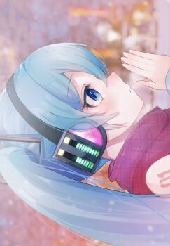 1girl bare_shoulders blue_eyes blue_hair blurry blurry_background commentary from_side hair_between_eyes hands_up hatsune_miku headphones ketyara number_tattoo outdoors own_hands_together plaid_clothes plaid_scarf portrait red_scarf scarf shoulder_tattoo sideways solo tattoo twintails vocaloid