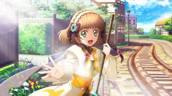 Rule 34 | 1girl, artist request, black ribbon, black unitard, blue sky, breasts, broom, brown hair, bush, cloud, coat, commentary, cowboy shot, day, english commentary, fence, flower, game cg, green eyes, hair flower, hair ornament, hairband, highres, holding, holding broom, house, leia rolando, looking at viewer, official art, open mouth, ribbon, road, short hair, sky, smile, solo, street, sunlight, tales of (series), tales of crestoria, tales of xillia, third-party source, town, white coat