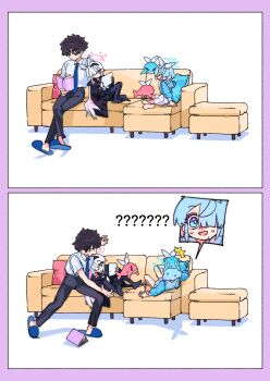 &gt;_&lt; 1boy 2girls ? ?? absurdres arona_(blue_archive) bare_legs barefoot black_hair blue_archive blue_hair blue_halo blunt_bangs book bow collared_shirt colored_inner_hair couch crossed_legs falling hair_bow hairband halo highres je_o_mo long_coat long_hair multicolored_hair multiple_girls necktie pants pantyhose pink_hair pink_halo plana_(blue_archive) pleated_skirt reading school_uniform sensei_(blue_archive) sensei_(blue_archive_the_animation) serafuku shirt short_hair skirt slippers spoken_character spoken_expression sweatdrop tablet_pc very_long_hair whale white_hair