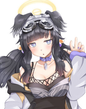 1girl animal_ears black_hair blue_archive blue_eyes blush commentary_request dog_ears dog_girl goggles goggles_on_head halo hibiki_(blue_archive) highres long_hair looking_at_viewer runoe_pict simple_background solo white_background yellow_halo