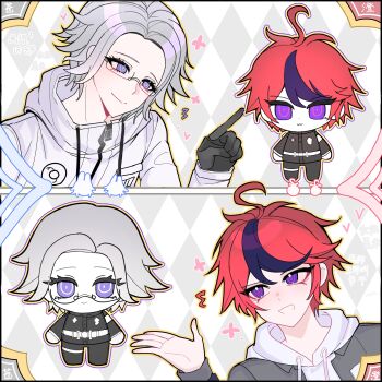 2boys :> :3 :d ahoge aotsuki_eito armband belt black_gloves black_jacket black_streaks blue_eyes character_doll commentary_request doll gakuran glasses gloves grey_hair grey_jacket highres hood hoodie jacket jacket_over_hoodie last_defense_academy_school_uniform looking_at_another male_focus multicolored_hair multiple_boys open_clothes open_jacket open_mouth pointing pointing_at_another purple_eyes red_hair ringed_eyes school_uniform short_hair smile split_screen streaked_hair sumino_takumi the_hundred_line_-last_defense_academy- variant_set white_armband white_belt white_hoodie white_jacket xinjinjumin731189037684