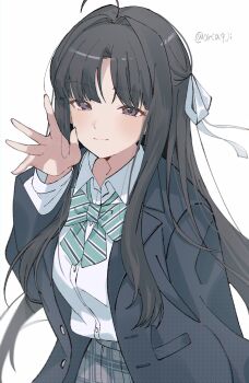 1girl absurdres ahoge awa_subaru black_hair black_jacket blue_necktie blush closed_mouth commentary_request diagonal-striped_clothes diagonal-striped_necktie dress_shirt girls_band_cry grey_skirt hair_ribbon hand_up highres jacket kuji_(orca9ji) long_hair necktie parted_bangs purple_eyes ribbon school_uniform shirt sidelocks skirt solo striped_clothes white_ribbon