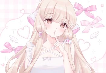 1girl 2000s_(style) android blonde_hair blush bow brown_eyes chii chobits commentary dot_nose dress english_commentary estelleartss facing_viewer finger_to_mouth frilled_dress frills hair_tubes hand_up heart highres long_hair looking_ahead low-tied_sidelocks open_mouth parted_lips persocom_(chobits) pink_bow portrait robot_ears robot_girl sidelocks signature simple_background sleeveless very_long_hair white_background white_bow white_dress