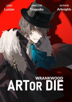 1boy absurdres animal_ears arknights ascot brown_hair cat_ears chinese_commentary commentary_request english_text fedora fur_trim grey_hair haodehaode_meiwenti hat highres jacket looking_at_viewer male_focus phantom_(arknights) red_background shirt short_hair slit_pupils smile solo upper_body white_shirt yellow_eyes