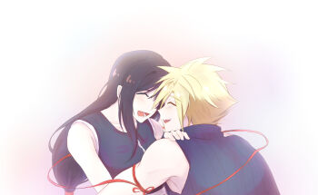 1boy 1girl 9_ffn arm_ribbon bare_shoulders black_hair black_vest blonde_hair blue_shirt blush closed_eyes cloud_strife collarbone commentary couple english_commentary facing_another final_fantasy final_fantasy_vii final_fantasy_vii:_advent_children gradient_background hands_on_another's_shoulders happy hetero highres long_hair open_mouth red_ribbon ribbed_shirt ribbon shirt short_hair single_sidelock sleeveless sleeveless_shirt smile spiked_hair tifa_lockhart upper_body vest