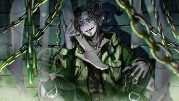 1boy beard black_nails centipede_tattoo chinstrap_beard collared_shirt cosplay facial_hair green_eyes highres hood hooded_jacket jacket male_focus mature_male neck_tattoo oogie_boogie oogie_boogie_(cosplay) scar scar_on_face scar_on_mouth shirt smile solo stitched_clothes supino swing_(twisted_wonderland) tattoo the_nightmare_before_christmas twisted_wonderland