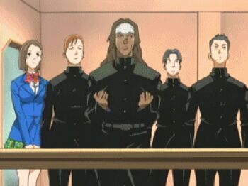 3girls 4boys aged_down ahoge animated animated_gif anime_screenshot antenna_hair black_hair blazer bow brown_hair child covering_own_mouth dark_skin dreadlocks gakuran hand_over_mouth hand_over_own_mouth headband holding jacket japanese_clothes kneehighs legs long_hair loose_socks lowres makihara_bob multiple_boys multiple_girls natsume_aya natsume_maya open_mouth plaid purple_hair school_uniform short_hair skirt socks surprised table tenjou_tenge twintails very_long_hair