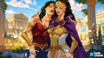2girls armlet black_hair blue_overskirt boots bracer breasts cape closed_eyes collarbone commentary cowboy_shot dc:_dark_legion dc_comics dress earrings english_commentary eyelashes full_body gold_armlet gold_bracer gold_dress gold_earrings hair_slicked_back hand_on_another's_shoulder headpiece highres hippolyta_(dc) holding holding_wand hug jewelry leotard long_dress long_hair mature_female medium_breasts mother_and_daughter multicolored_dress multiple_girls mutual_hug official_art parted_lips pelvic_curtain pink_lips purple_cape red_leotard red_lips sleeveless sleeveless_dress smile superhero_costume teeth tiara wand wavy_hair white_dress wonder_woman wonder_woman_(series)