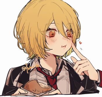 09wave_hb 1girl artist_name black_jacket blonde_hair burger closed_mouth commentary_request don_quixote_(project_moon) eyelashes food hair_between_eyes heart holding holding_burger holding_food jacket limbus_company looking_to_the_side necktie orange_eyes project_moon red_necktie shirt short_hair simple_background solo twitter_username upper_body white_background white_shirt