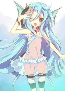 10s 1girl aqua_hair bermuda_triangle blue_eyes blue_hair cardfight!!_vanguard dolphin dress female_focus fins hair_ornament jewelry long_hair matching_hair/eyes nakamura_sandayo necklace one_eye_closed outstretched_arm see-through_clothes shell solo star_(symbol) striped_clothes striped_thighhighs stuffed_toy thigh_gap thighhighs tms_entertainment top_idol_aqua transparent wink
