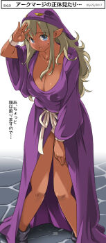 1girl blue_eyes breasts character_request cleavage commentary_request dark-skinned_female dark_elf dark_skin dragon_quest dragon_quest_iii elf imaichi large_breasts long_hair looking_at_viewer open_mouth pointy_ears purple_hood robe solo standing