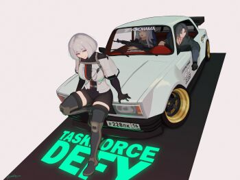 3girls absurdres ak-12 ak-12_(girls&#039;_frontline) angelia_(girls&#039;_frontline) assault_rifle black_gloves black_hair black_jacket breasts car closed_mouth commentary english_commentary english_text full_body girls&#039;_frontline gloves grey_hair gun highres holding holding_gun holding_weapon jacket kalashnikov_rifle lada_(car) license_plate long_hair looking_at_viewer motor_vehicle multiple_girls nishibuya on_car open_mouth parted_lips rifle rpk-16_(girls&#039;_frontline) russian_flag short_hair simple_background single_glove sitting sleeping smile steering_wheel lada_riva weapon white_background