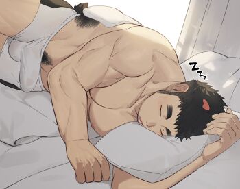 1boy animal_ears bara bear_boy_(gondom) bear_ears bear_tail black_hair body_fur boxer_briefs bulge erection erection_under_clothes from_above gondom large_pectorals long_sideburns lying male_focus male_underwear muscular muscular_male navel navel_hair nipples on_bed on_side original pectoral_squeeze pectorals short_hair sideburns sleeping solo tail thick_eyebrows thick_navel_hair thick_thighs thighs topless_male underwear wet wet_clothes wet_dream wet_male_underwear zzz