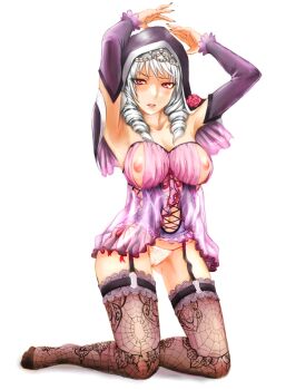 Rule 34 | 1girl, armpits, breasts, capelet, cleavage, corset, detached sleeves, drill hair, feet, female focus, frills, garter straps, goth fashion, highres, hood, lingerie, md5 mismatch, nightgown, nippleless clothes, nipples, no shoes, panties, pocari66, red eyes, see-through clothes, silk, simple background, solo, soul calibur, soulcalibur, soulcalibur v, spider web, thighhighs, twin drills, underwear, viola (soulcalibur), white hair