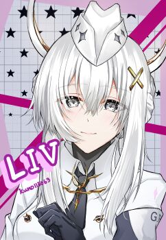 Rule 34 | 1girl, absurdres, artist name, black gloves, black necktie, character name, closed mouth, commentary request, gloves, grid background, hair between eyes, hair ornament, half updo, hand up, hat, headgear, highres, kuno113063, liv: empyrea (pgr), liv (pgr), looking at viewer, mini hat, necktie, portrait, punishing: gray raven, smile, solo, star (symbol), white hair, white hat, x hair ornament