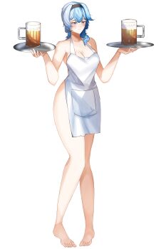 Rule 34 | 1girl, absurdres, alcohol, apron, bare shoulders, barefoot, beer, beer mug, blue eyes, blue hair, breasts, cleavage, collarbone, cup, eula (genshin impact), genshin impact, highres, holding, holding plate, knees together feet apart, large breasts, mug, naked apron, plate, simple background, solo, spicyy, standing, tray, white apron, white background