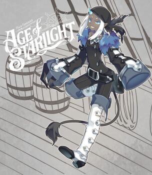 Rule 34 | 1girl, bandana, barrel, belt, black bandana, blue eyes, blue horns, boots, coat, copyright name, full body, fur-trimmed coat, fur trim, grey background, horns, ilya (pixiv fantasia age of starlight), kaji akihiro, long sleeves, pixiv fantasia, pixiv fantasia age of starlight, pointy ears, sleeves past fingers, sleeves past wrists, solo, standing, tail, white boots, wide sleeves