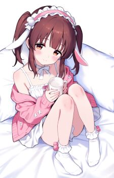 1girl absurdres animal_ears armpit_crease bare_shoulders bed_sheet bow bow_choker choker closed_mouth commentary cup dress fake_animal_ears full_body hairband head_tilt highres holding holding_cup idolmaster idolmaster_cinderella_girls jacket jia_wenyuan lolita_hairband long_hair long_sleeves looking_at_viewer mug no_shoes ogata_chieri open_clothes open_jacket pillow pink_hairband pink_jacket rabbit_ears red_eyes red_hair sitting sleeveless sleeveless_dress smile socks solo split_mouth symbol-only_commentary twintails white_bow white_choker white_dress white_socks