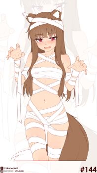 1girl absurdres animal_ear_fluff animal_ears bandaged_arm bandaged_chest bandaged_head bandaged_leg bandages blunt_bangs blush breasts brown_hair commentary english_commentary fang highres holo likunea long_hair looking_at_viewer mummy_costume naked_bandage navel open_mouth patreon_logo patreon_username red_eyes revealing_clothes simple_background small_breasts solo spice_and_wolf tail twitter_username twitter_x_logo wolf_ears wolf_girl wolf_tail zoom_layer