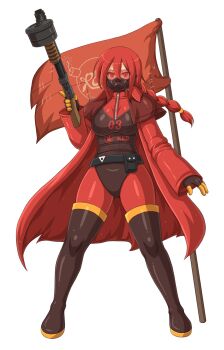 1girl absurdres bodysuit boots braid braided_ponytail commission emperpep fallout fallout:_new_vegas flag genderswap genderswap_(otf) gloves gun highres holding holding_gun holding_weapon latex latex_bodysuit latex_gloves latex_legwear long_hair long_sleeves looking_at_viewer mask ncr_veteran_ranger pyro_(tf2) red_bodysuit red_eyes red_hair red_pyro_(tf2) respirator second-party_source shotgun simple_background solo team_fortress_2 thigh_boots trigger_discipline weapon white_background zipper zipper_pull_tab