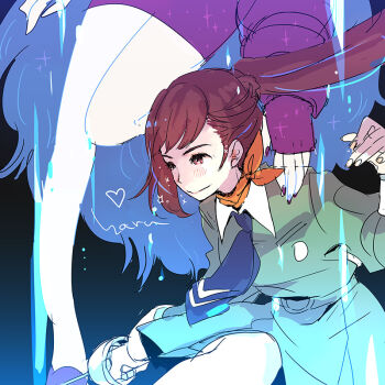 2girls armaiti_(megami_tensei) armaiti_(persona_1) ascot blue_hair blue_necktie colored_skin dress fingernails from_side grey_shirt grey_skirt hand_up haruhashi holding holding_sword holding_weapon kirishima_eriko long_hair long_sleeves miniskirt multiple_girls nail_polish necktie orange_ascot out_of_frame persona persona_1 ponytail purple_dress purple_nails purple_skirt rapier red_eyes red_hair school_uniform shirt skirt smile solo_focus sparkle st._hermelin_school_uniform summoning sword very_long_hair weapon white_skin