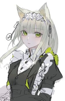 1girl animal_ears arknights black_ribbon black_vest cat_ears cat_girl commentary green_eyes green_hair highres juliet_sleeves kal&#039;tsit_(arknights) kal&#039;tsit_(the_remains_of_time)_(arknights) long_sleeves maid_headdress medium_hair open_mouth puffy_sleeves ribbon shouga_chahan simple_background solo vest white_background