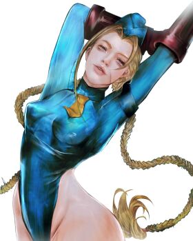 Rule 34 | 1girl, blonde hair, blue eyes, braid, breasts, cammy white, curvy, hat, highleg, highleg leotard, leotard, lips, long hair, long sleeves, medium breasts, momokulala, necktie, scar, scar on face, shiny skin, street fighter, street fighter zero (series), turtleneck, twin braids, very long hair, white background, wide hips