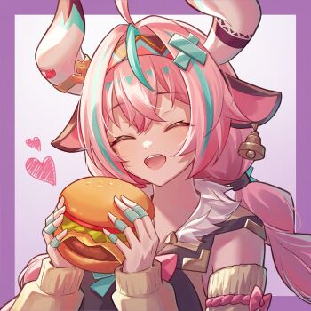 1girl ^_^ absurdres ahoge animal_ears aqua_hair bell bell_earrings border burger closed_eyes commentary_request cow_ears cow_girl cow_horns detached_sleeves earrings food fur_trim genshin_impact hair_ornament hairband heart highres holding holding_burger holding_food horns jewelry long_hair long_sleeves multicolored_hair multicolored_hairband open_mouth outside_border pink_hair purple_border solo streaked_hair teeth twintails upper_body upper_teeth_only varesa_(genshin_impact) x_hair_ornament yuno_kaihara