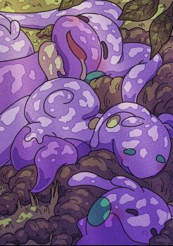 closed_eyes closed_mouth colored_skin dragon drooling evolutionary_line gen_6_pokemon goodra goomy green_eyes nintendo no_humans onamuzi_illust open_mouth outdoors pokemon pokemon_(creature) pokemon_focus purple_skin saliva sleeping sliggoo slug tree under_tree