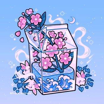 blue_background cherry_blossoms constellation crescent_moon ear_flower emily_kim flower gradient_background highres leaf liquid minimized moon original pastel_colors pink_flower simple_background sparkle twitter_username waves white_rabbit_(animal)