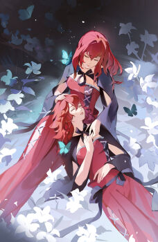 2girls black_cape blue_butterfly breasts bug butterfly cape closed_eyes commentary crying devola dress english_commentary field flower flower_field hair_between_eyes hand_on_another's_head highres insect lap_pillow long_hair medium_breasts multiple_girls nier nier_(series) parted_lips popola red_dress red_hair siblings side_slit sisters sitting twins yubuki_i