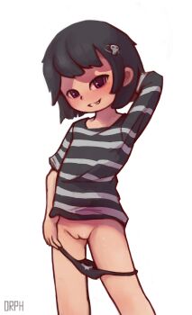 1girl absurdres arm_behind_head arm_up black_hair black_panties blush cleft_of_venus feet_out_of_frame female_focus hair_ornament hairclip highres loli looking_at_viewer original orphira panties panty_pull pulling_own_clothes purple_eyes pussy shirt short_hair skull_hair_ornament smile solo standing striped_clothes striped_shirt teeth uncensored underwear white_background