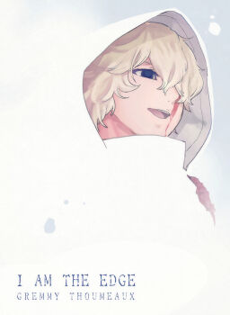 1boy black_eyes bleach bleach:_sennen_kessen-hen blonde_hair blood blood_on_face character_name commentary_request english_text gremmy_thoumeaux hair_over_one_eye male_focus nigatsumikka open_mouth smile solo upper_body white_hood