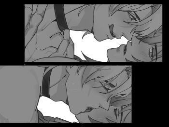 2boys absurdres adam's_apple choker closed_eyes collarbone commentary curtained_hair english_commentary greyscale hands_on_another's_shoulders highres honkai:_star_rail honkai_(series) licking_lips looking_at_another looking_to_the_side male_focus monochrome multiple_boys muzhhart_acc mydei_(honkai:_star_rail) open_mouth parted_bangs phainon_(honkai:_star_rail) profile saliva saliva_trail sequential tongue tongue_out yaoi