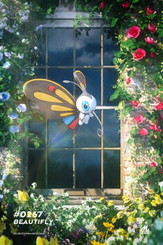 3d absurdres antennae beautifly black_eyes blue_flower blue_sclera brick_wall bug butterfly butterfly_wings character_name cinema_4d_(medium) cloud cloudy_sky colored_sclera commentary day floating flower from_side full_body gen_3_pokemon highres insect insect_wings nintendo no_humans outdoors pokemon pokemon_(creature) pokemon_focus red_flower reflection serebii_(artist) sky white_flower window wings yellow_flower