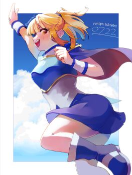absurdres arle_nadja armor blue_boots blue_skirt blush boots breastplate brown_eyes brown_hair cape cloud commentary_request english_text half_updo hand_up happy_birthday highres knee_up looking_at_viewer madou_monogatari open_mouth ponytail puyopuyo shoulder_armor sidelocks skirt tamamiyau wristband