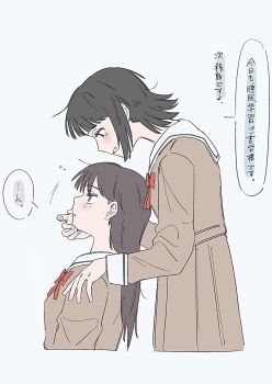 2girls bang_dream! bang_dream!_it&#039;s_mygo!!!!! black_hair bow bowtie brown_dress chinese_text commentary dress hanasakigawa_school_uniform hand_on_another&#039;s_chin highres long_hair long_sleeves mole mole_under_eye muinu_inu multiple_girls purple_eyes red_bow red_bowtie sailor_collar sailor_dress school_uniform shiina_taki short_hair simple_background translation_request white_background white_sailor_collar yahata_umiri yuri