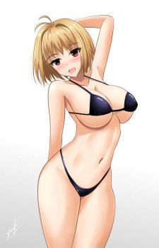 1girl :d ahoge alternate_breast_size_(larger) arcueid_brunestud arm_behind_back arm_behind_head armpits bikini black_bikini blonde_hair blush breasts commentary_request hair_intakes huge_breasts looking_at_viewer open_mouth red_eyes short_hair smile swimsuit thick_thighs thighs tsukihime tsukihime_(remake) wide_hips wide_sleeves yuuk33