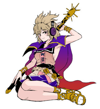 1girl black_eyes blonde_hair bracelet breasts cape closed_mouth dress earmuffs holding holding_sheath jewelry looking_at_viewer opagi pointy_hair purple_cape purple_skirt sandals sheath sheathed shirt short_hair sitting skirt sleeveless sleeveless_shirt smile socks solo touhou toyosatomimi_no_miko weapon white_background white_socks yellow_sandals yokozuwari