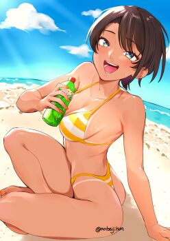 1girl absurdres ass barefoot beach bikini black_hair blue_sky bottle breasts highres holding holding_bottle hololive indian_style looking_at_viewer medium_breasts nail_polish ocean oozora_subaru open_mouth outdoors sand seiji_kimoti short_hair sideboob sitting sky solo striped_bikini striped_clothes swimsuit tan tanline thong thong_bikini toenail_polish toenails toes virtual_youtuber