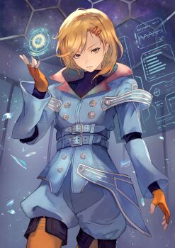 1other absurdres belt belt_around_waist black_shirt blonde_hair blue_background blue_jacket blue_shorts buckle buttons collarbone collared_jacket commentary cowboy_shot english_commentary fingerless_gloves gloves gnosia hair_ornament hairclip hand_up highres holographic_interface jacket long_sleeves looking_at_viewer orange_gloves orange_pantyhose other_focus pantyhose parted_lips puffy_shorts setsu_(gnosia) shirt short_hair shorts solo teaz917 teeth turtleneck yellow_eyes