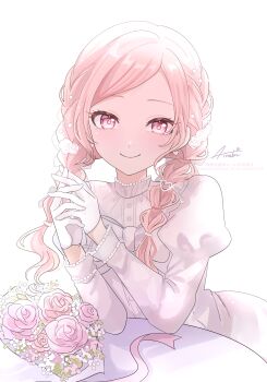 1other absurdres airabi akiyama_mizuki blush bouquet bow braid closed_mouth commentary_request dress dress_bow elbow_on_table flower gloves hair_flower hair_ornament heart heart_hair_ornament highres juliet_sleeves long_sleeves looking_at_viewer own_hands_together pearl_hair_ornament pink_eyes pink_hair project_sekai puffy_sleeves saihate_e_to_tobu_kimi_e_(project_sekai) signature simple_background smile solo table twin_braids watermark wedding_dress white_background white_dress white_gloves