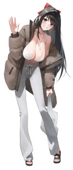 1girl absurdres bag bare_shoulders bikini bikini_top_only black_hair blue_eyes bow breasts brown_coat cleavage coat commentary drawstring full_body grey_pants grin hair_bow highres hina_(blue_archive) holding holding_bag jewelry large_breasts long_hair looking_at_viewer navel necklace off_shoulder open_clothes open_coat pants sandals simple_background slides slippers smile solo stellive swimsuit very_long_hair virtual_youtuber white_background white_bikini yoba