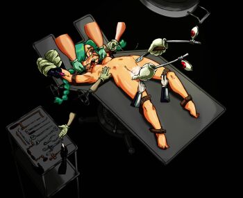 annie_(skullgirls) choyschan christmas_(skullgirls) disembodied_hand easter_(skullgirls) fingering gloves hallow_(skullgirls) latex latex_gloves nude operating_table patty_(skullgirls) peacock_(skullgirls) razor shaving shaving_crotch skullgirls strapped_down surgical_light surgical_tools table valentine_(skullgirls)