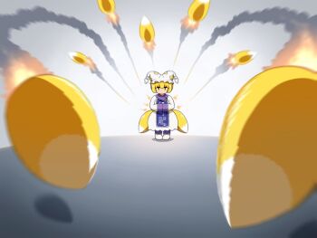 1girl blonde_hair brown_eyes chibi commentary_request dress fox_tail grey_background hair_between_eyes hands_in_opposite_sleeves hat pantyhose purple_pantyhose shirosato shoes solo standing tabard tail touhou white_dress white_hat white_shoes yakumo_ran