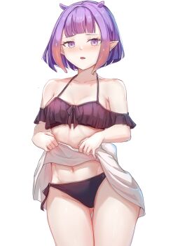 1girl absurdres bikini black_bikini blush breasts cleavage frilled_bikini frills highres hololive hololive_english looking_at_viewer ninomae_ina&#039;nis open_mouth pointy_ears purple_eyes purple_hair short_hair small_breasts solo swimsuit tentacle_hair user_dwfx8458 virtual_youtuber white_background