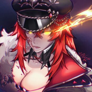 1girl black_hat black_jacket breasts cleavage closed_mouth commentary english_commentary fur-trimmed_jacket fur_trim glowing glowing_eyes hat highres indie_virtual_youtuber jacket large_breasts lewd_nessie long_hair looking_at_viewer military_hat military_jacket military_uniform red_hair solo virtual_youtuber yellow_eyes zentreya zentreya_(commander)