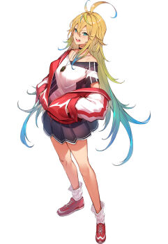 1girl ahoge black_skirt blonde_hair blue_eyes breasts choukou_(alicesoft) choukou_taisen_escalation_heroines hands_in_pockets highres jacket kakage long_hair looking_at_viewer nakaumi_kumiko open_clothes open_jacket open_mouth red_jacket red_shoes shoes skirt solo tachi-e